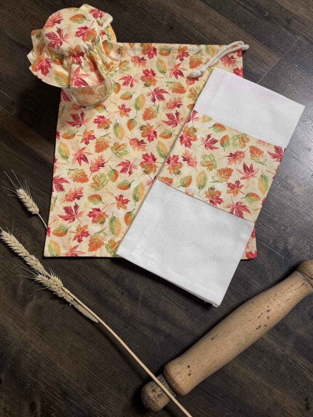 Fall Leaves Cotton Bread Bag with Matching Mason Jar Bonnet & Tea Towel